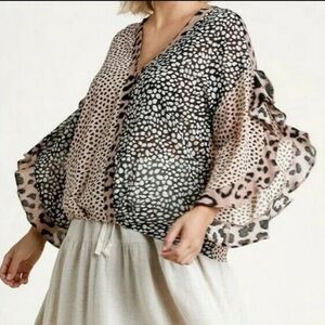 Umgee: Luxe Leopard Patchwork V-Neck Sheer Blouse